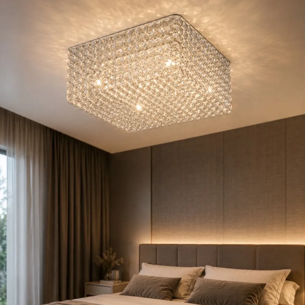 Plafoniere Moderne-Ideal Lux Admiral pl6 plafoniera per camera da letto quadrata cromata cristalli trasparenti
