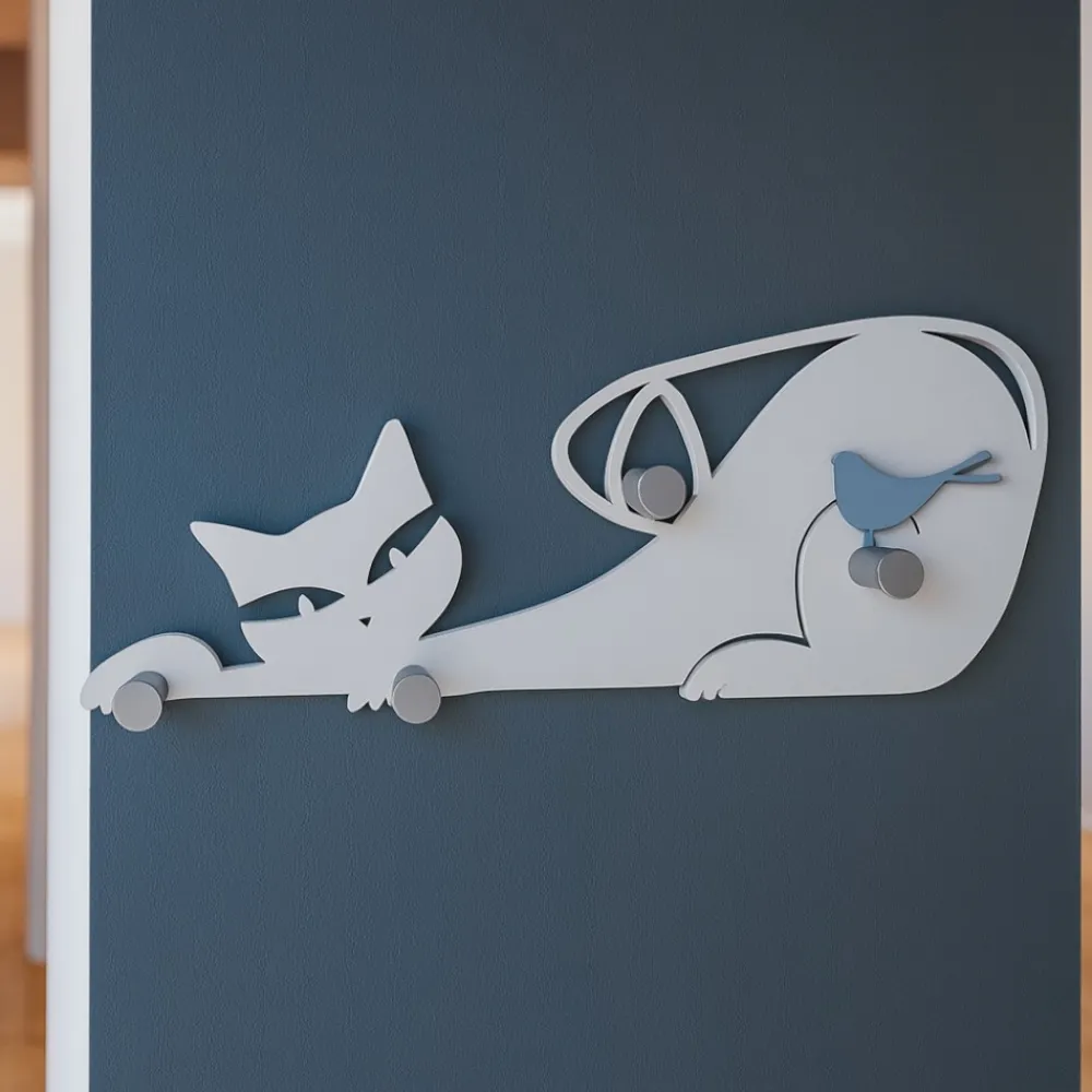 Appendiabiti Da Parete-Selezionato da Mazzolaluce Appendiabiti da parete con gatto legno colore bianco