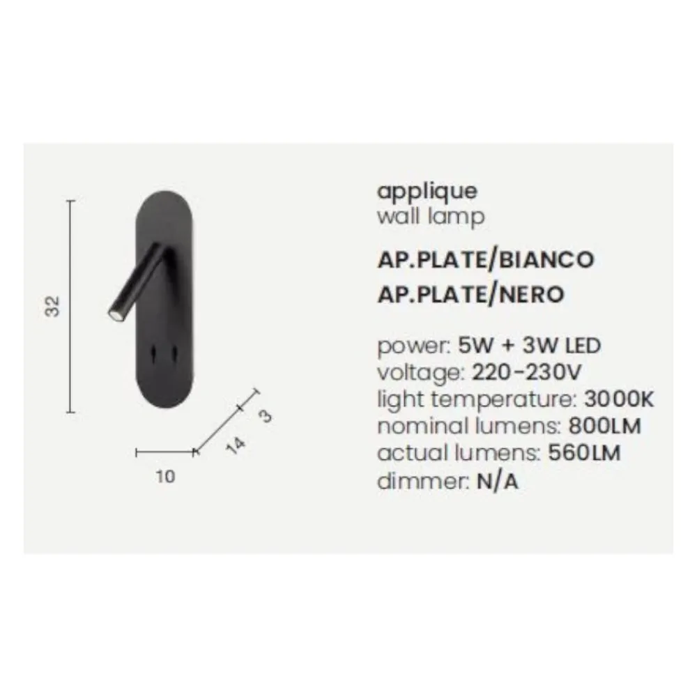 Applique Camera Da Letto-Ondaluce Ap plate applique per comodino nera led 3000k orientabile