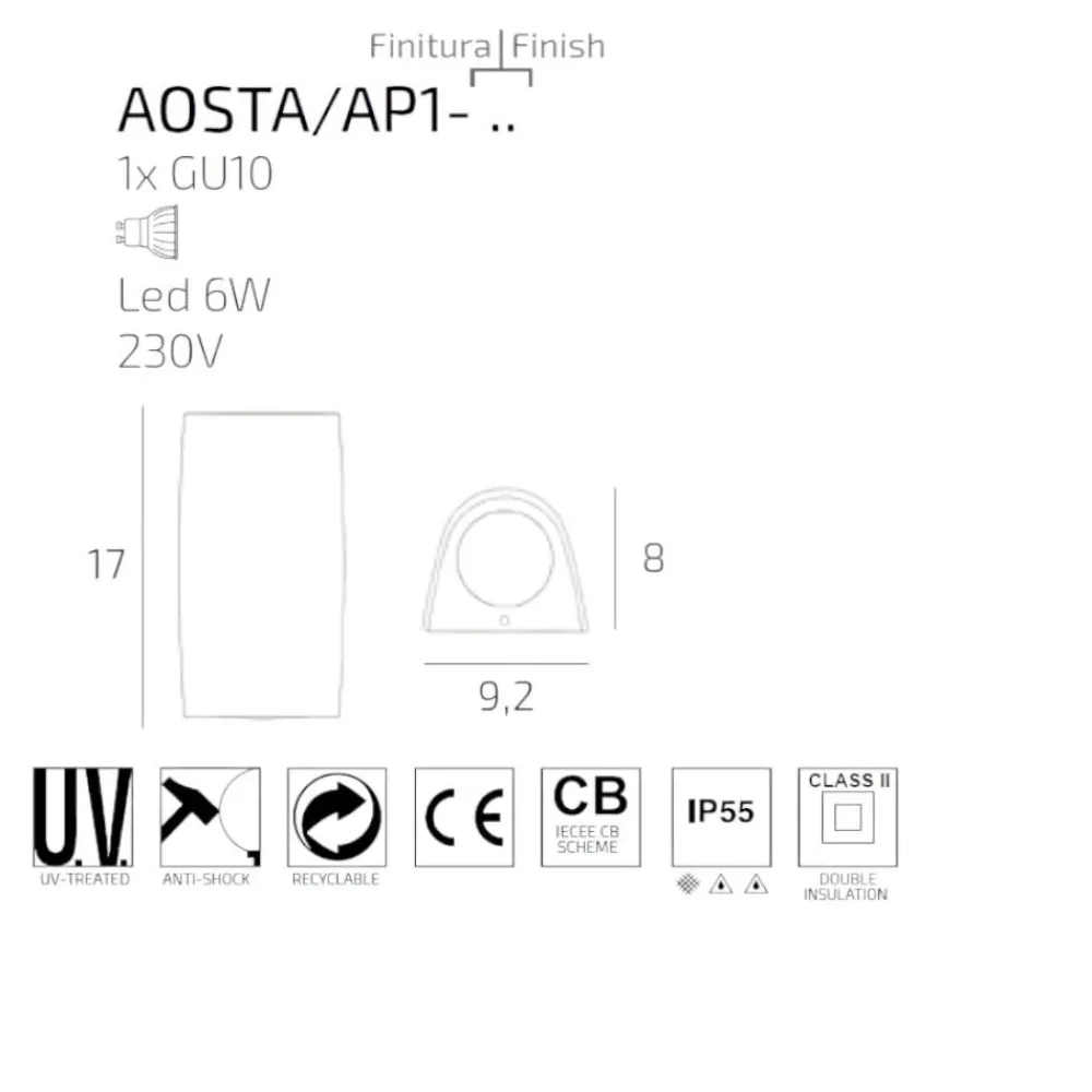 Applique Da Esterno-Top Light Applique bianca per esterni aosta monoemissione ip55