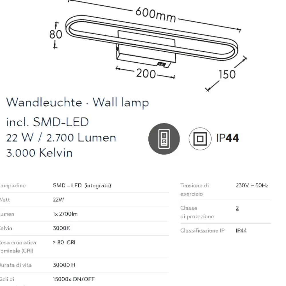 Applique Da Bagno-Selezionato da Mazzolaluce Applique cromo per bagno 60cm led 22w 3000k ip44