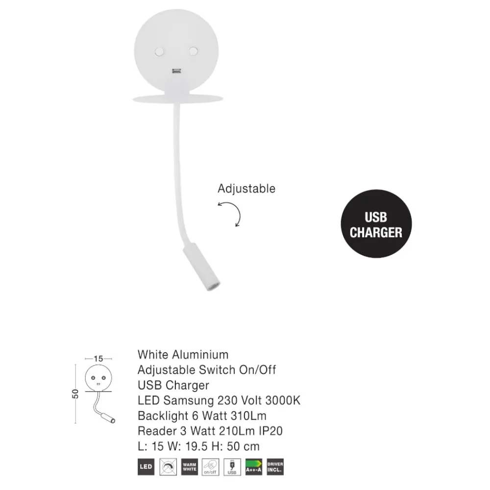 Applique Camera Da Letto-Selezionato da Mazzolaluce Applique da comodino led 3000k orientabile presa usb bianco