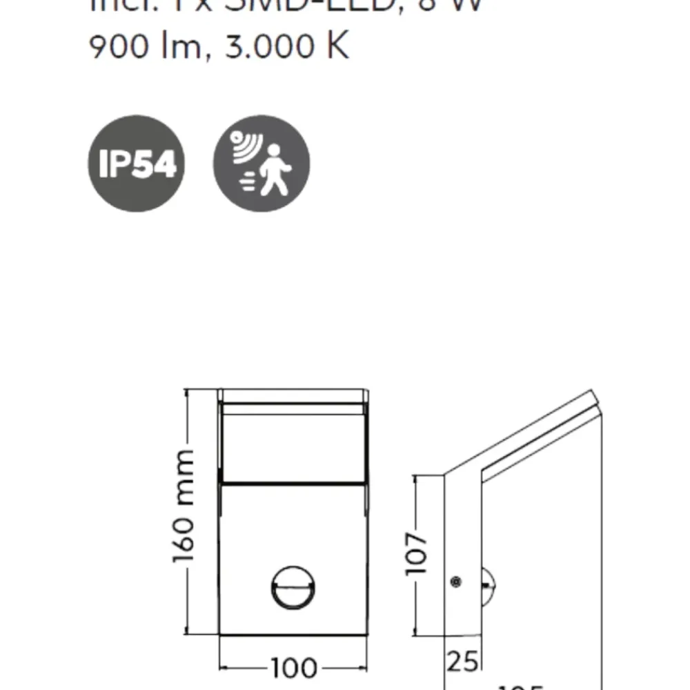 Applique Da Esterno-Selezionato da Mazzolaluce Applique da esterno con sensore movimento led 8w 3000k antracite anti corrosione