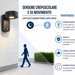 Applique Da Esterno-Selezionato da Mazzolaluce Applique da esterno ip44 sensore di movimento crepuscolare nera led 3000k