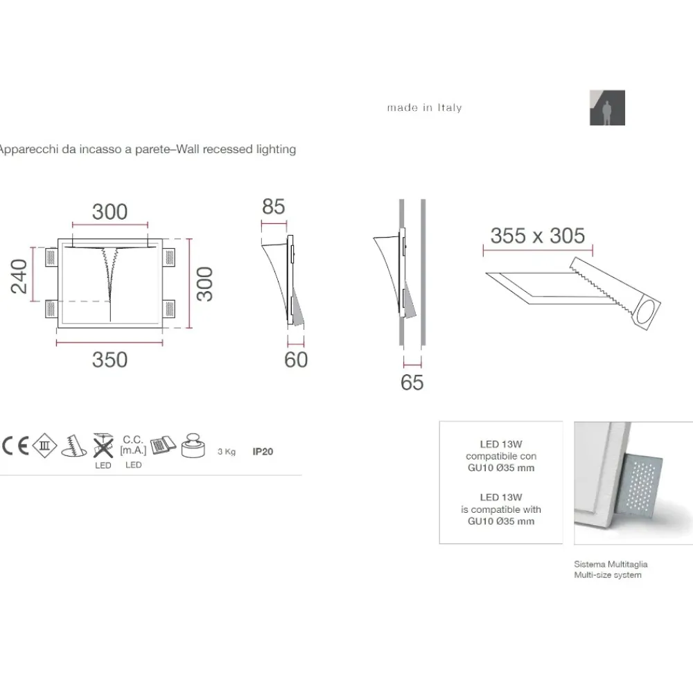 Applique Da Parete-Selezionato da Mazzolaluce Applique lampada vela da incasso parete di gesso led 13w 3000k