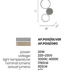 Applique Da Parete-Ondaluce Applique led 3000k ap pois silver design moderna