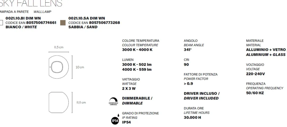 Applique Da Parete-Vivida International Applique led sfera bianca biemissione 3w 3000k 4000k dimmerabile vivida sky fall