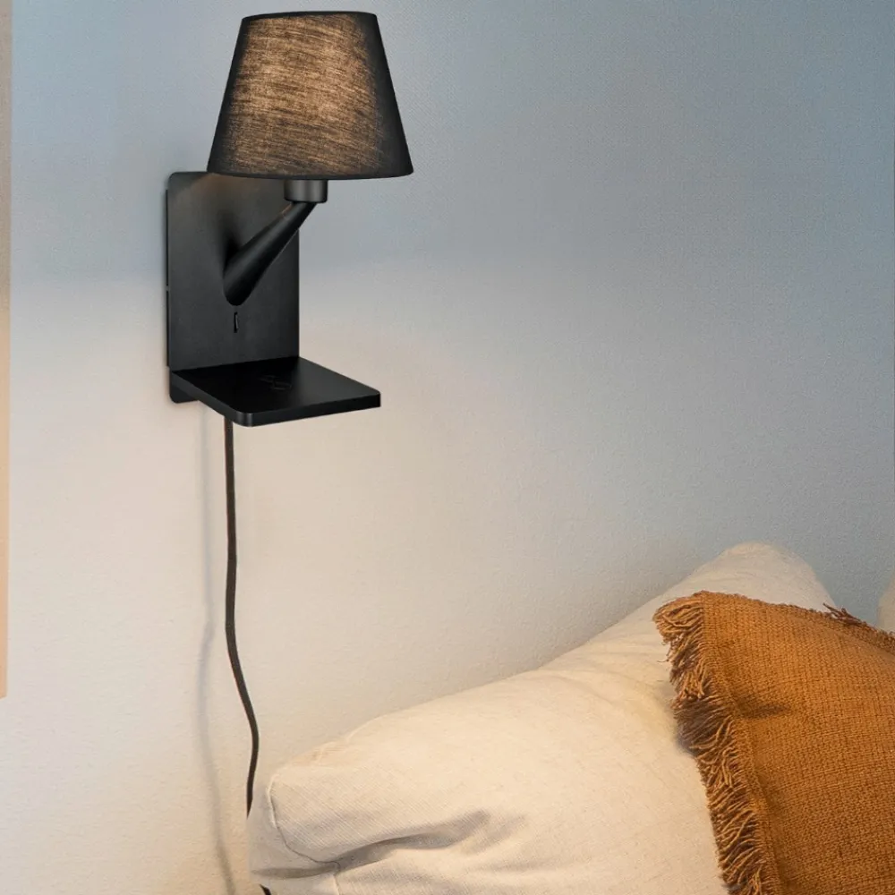 Applique Camera Da Letto-Selezionato da Mazzolaluce Applique multifunzione nero per camera da letto da comodino con base ricarica
