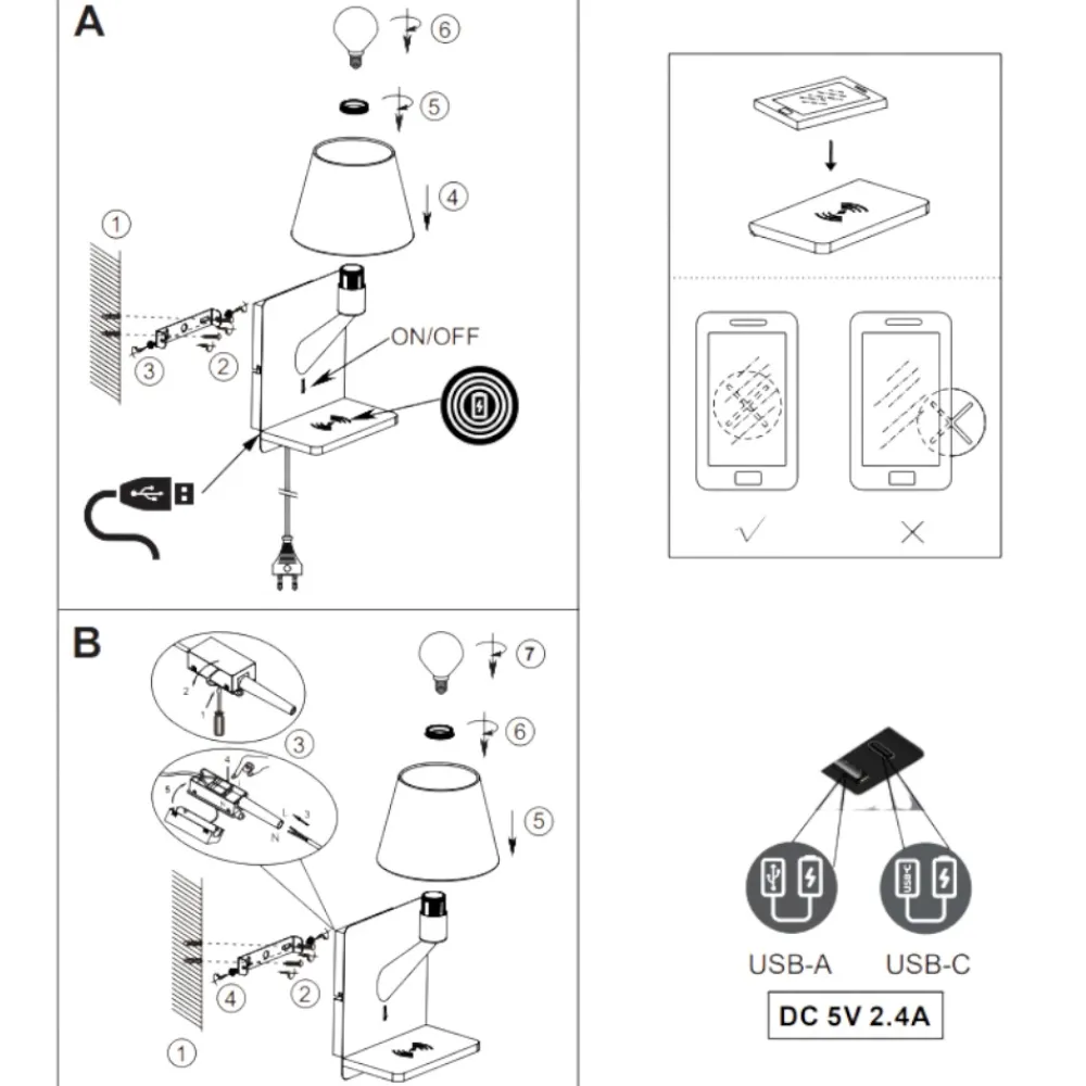 Applique Camera Da Letto-Selezionato da Mazzolaluce Applique multifunzione nero per camera da letto da comodino con base ricarica