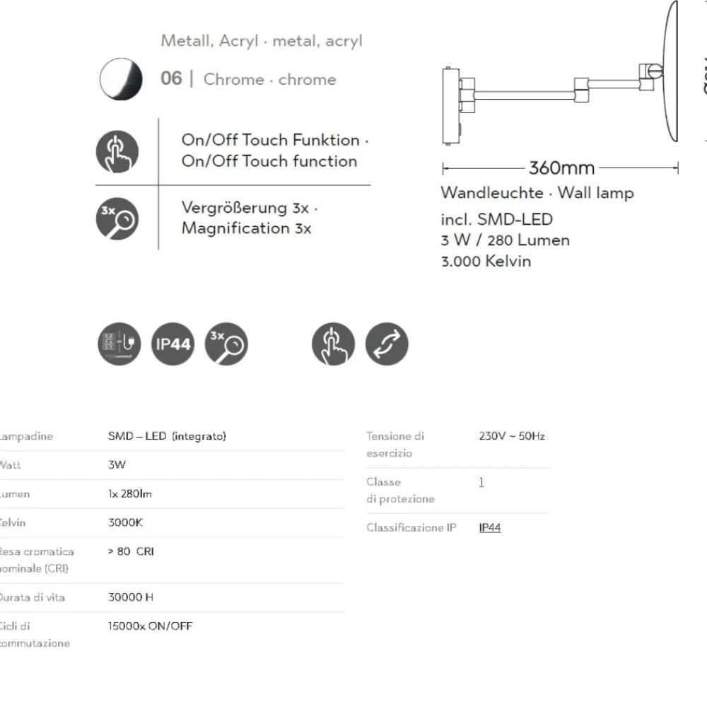 Applique Da Bagno-Selezionato da Mazzolaluce Applique per bagno con specchio led 3w touch orientabile ip44