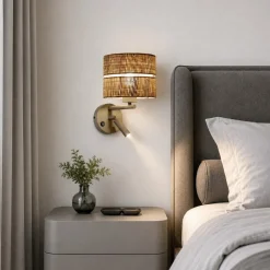 Applique Camera Da Letto-Selezionato da Mazzolaluce Applique sabbia da comodino con doppia luce paralume di paglia per camera da letto