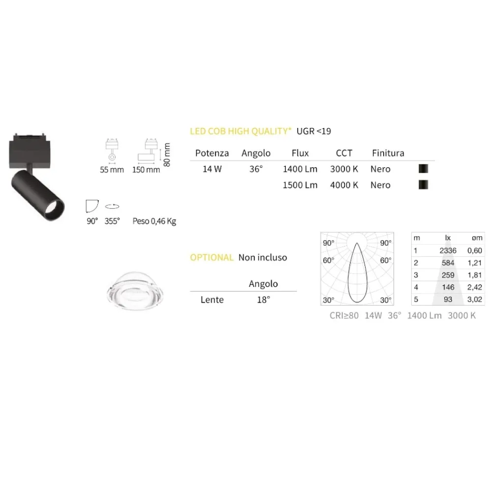Illuminazione A Binario-Ideal Lux Arca track faretto led orientabile 48v per binario 14w 3000k monofase ottica 36