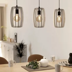 Lampadari Cucina-Eglo Bajazzara lampadario per cucina 3 luci con portalampada in legno