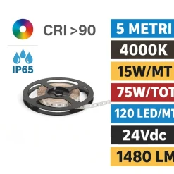 Strisce Led-Ideal Lux Bobina 5mt striscia led per esterno 14,4w-mt 4000k ip65 24v cri90