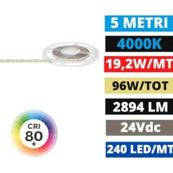 Strisce Led-Gea Luce Bobina 5mt striscia led smd 2835 24v dc 4000k 19,2w-mt