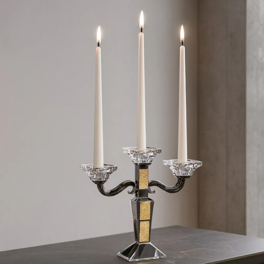 Soprammobili Moderni-Selezionato da Mazzolaluce Candelabro candeliere da tavolo tre fiamme vetro cristallo inserti oro fp
