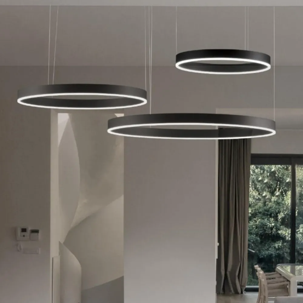 Lampadari Moderni-Selezionato da Mazzolaluce Composizione 3 lampadari anelli cerchi nero led 140w 2700k a 6000k
