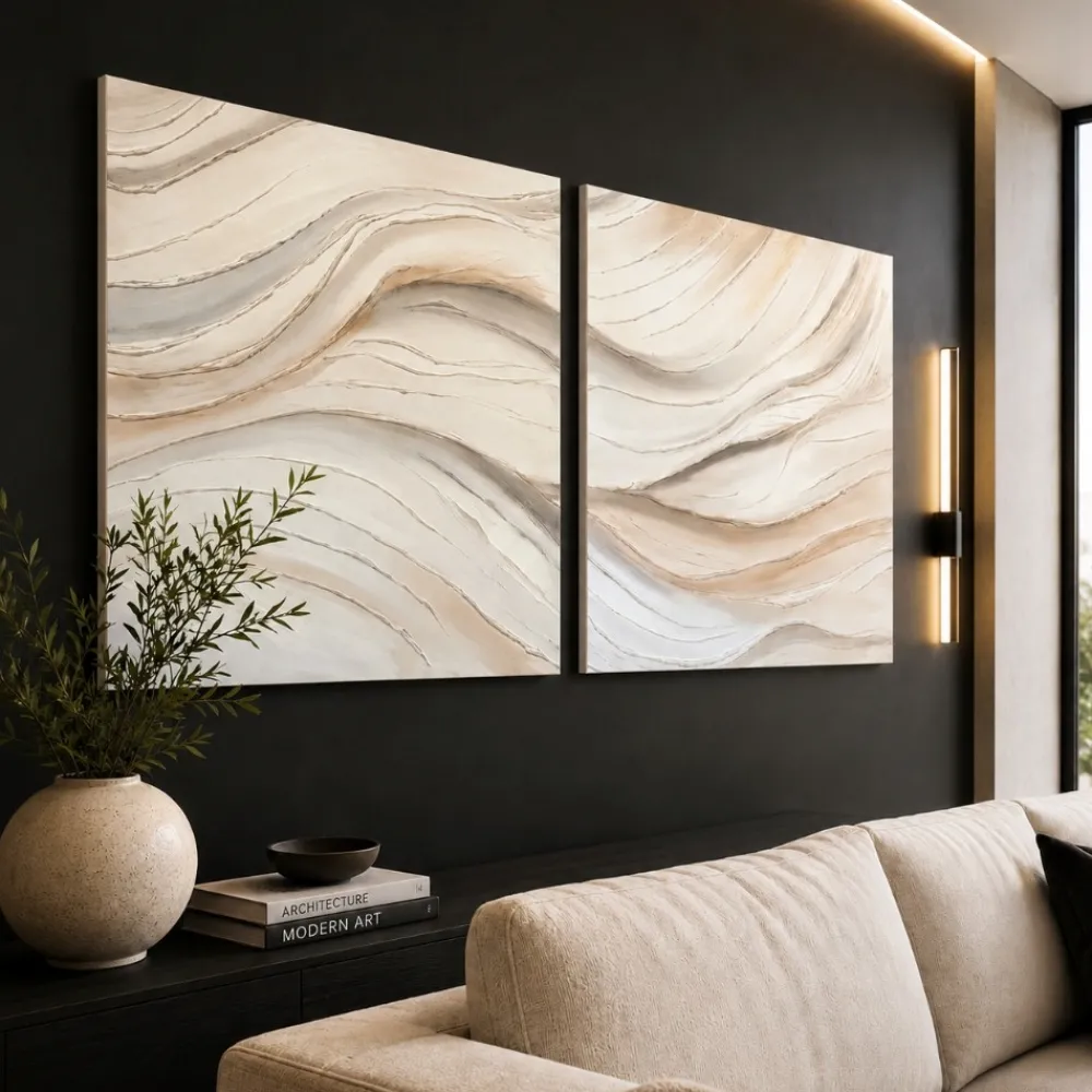 Quadri Moderni-Selezionato da Mazzolaluce Coppia di quadri astratti moderni pittura materica su tela per soggiorno bianco beige