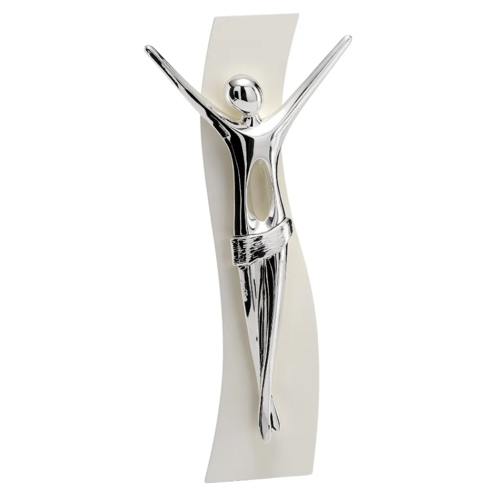 Crocifissi Da Parete-Selezionato da Mazzolaluce Crocifisso da parete o tavolo moderno 40x19 avorio cristo argento