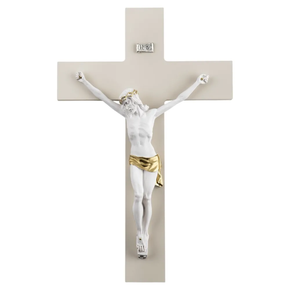 Crocifissi Da Parete-Selezionato da Mazzolaluce Crocifisso da parete 48x30 bianco oro croce nocciola