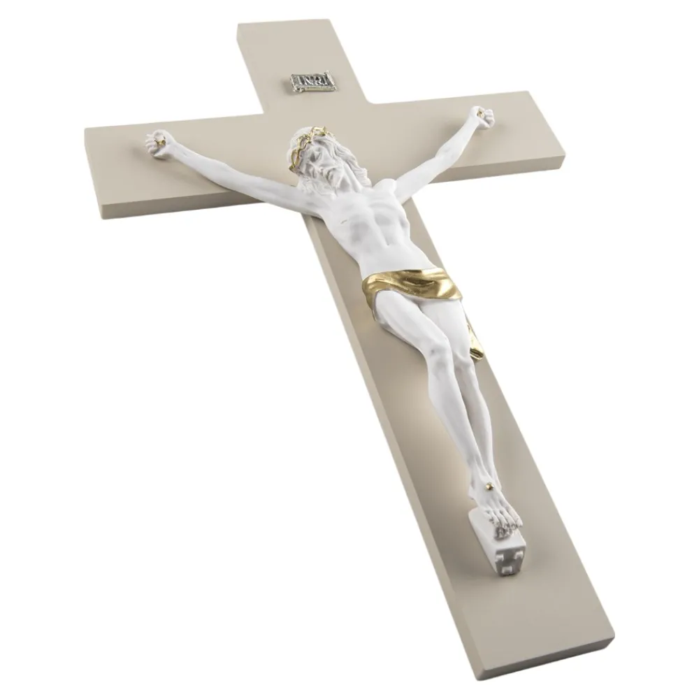 Crocifissi Da Parete-Selezionato da Mazzolaluce Crocifisso da parete 48x30 bianco oro croce nocciola