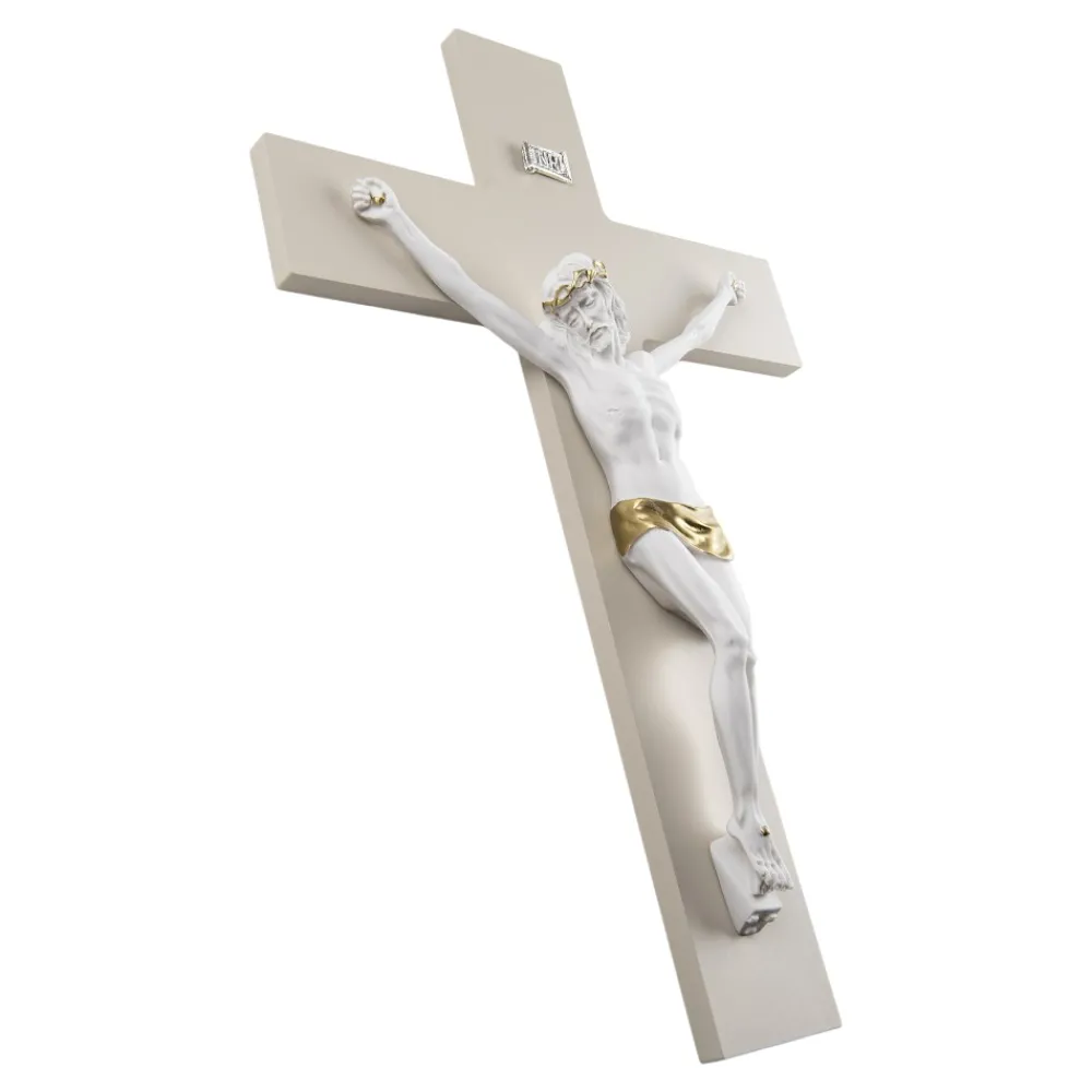 Crocifissi Da Parete-Selezionato da Mazzolaluce Crocifisso da parete 48x30 bianco oro croce nocciola