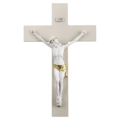 Crocifissi Da Parete-Selezionato da Mazzolaluce Crocifisso da parete 25x16 cristo marmorino bianco oro croce nocciola