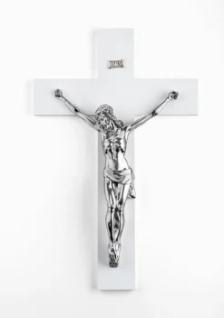 Crocifissi Da Parete-Selezionato da Mazzolaluce Crocifisso grande da parete 48x30 cm legno bianco cristo marmorino argento