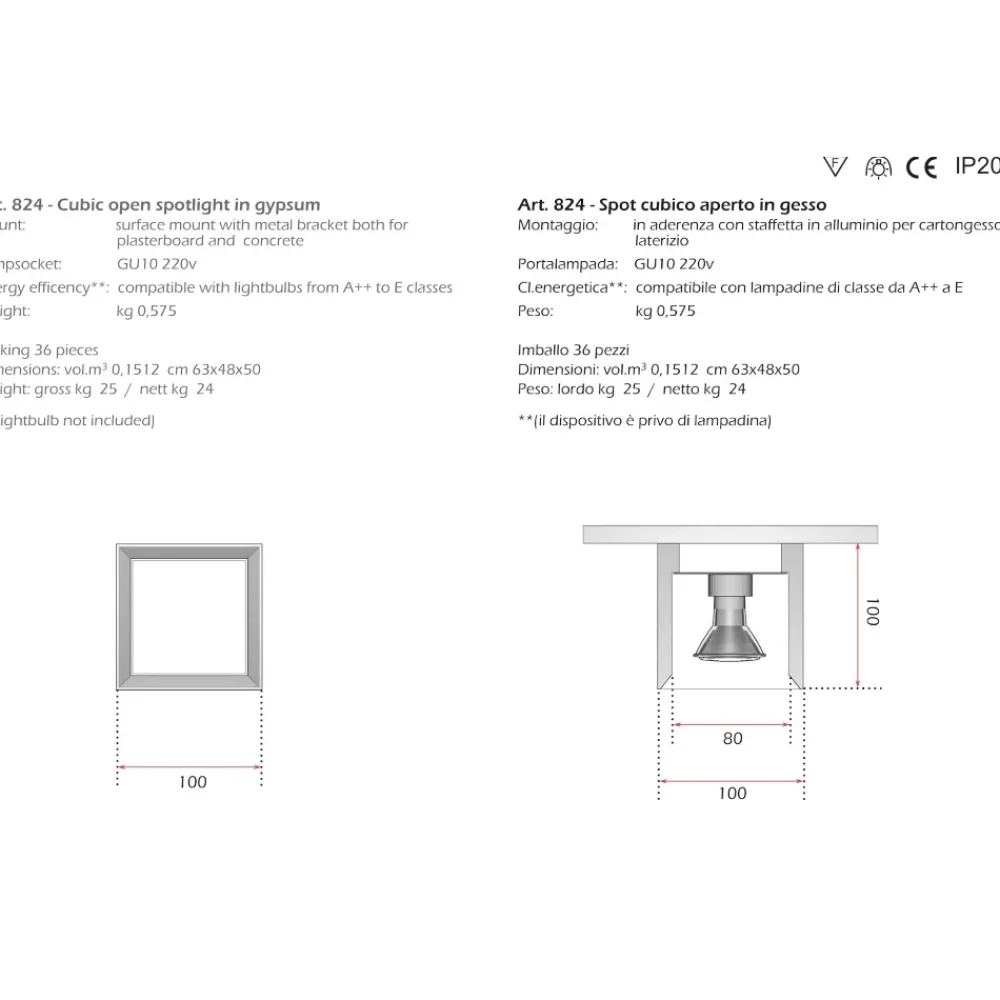 Faretti Da Soffitto-IsyLuce Cubo faretto quadrato da soffitto in gesso bianco