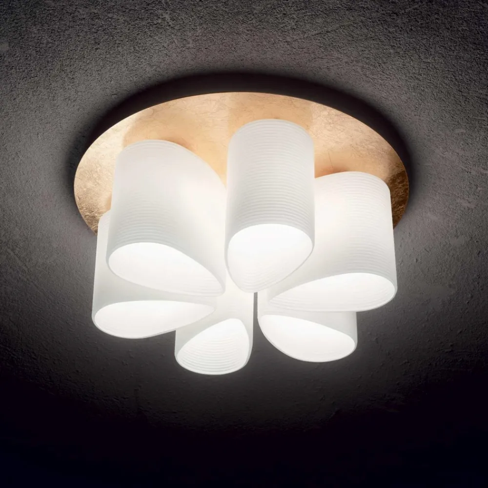 Plafoniere Moderne-Ideal Lux Daisy pl6 plafoniera moderna per salotto foglia oro diffusori vetro