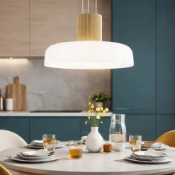 Lampadari Cucina-Fabas Luce lunar lampadario oro cupola vetro bianco per cucina