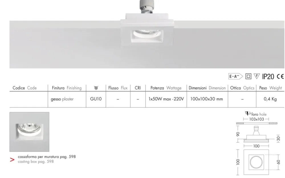 Faretti Da Incasso-Selezionato da Mazzolaluce Faretto da incasso a soffitto quadrato di gesso gu10 220v