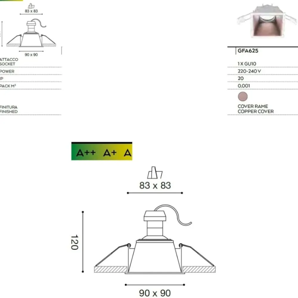 Faretti Da Incasso-Gea Luce Faretto quadrato ceres incasso controsoffitto rame