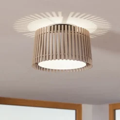 Plafoniere Moderne-Eglo Fattoria plafoniera da cucina rotonda con paralume in legno