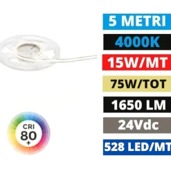 Strisce Led-Gea Luce bobina 5mt striscia led cob 15w-mt 4000k 24v dc