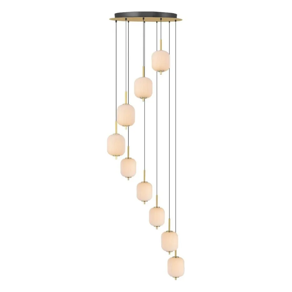 Lampadari Moderni-Selezionato da Mazzolaluce Grande lampadario a cascata per salotto moderno 9 sospensioni led cct con telecomando oro