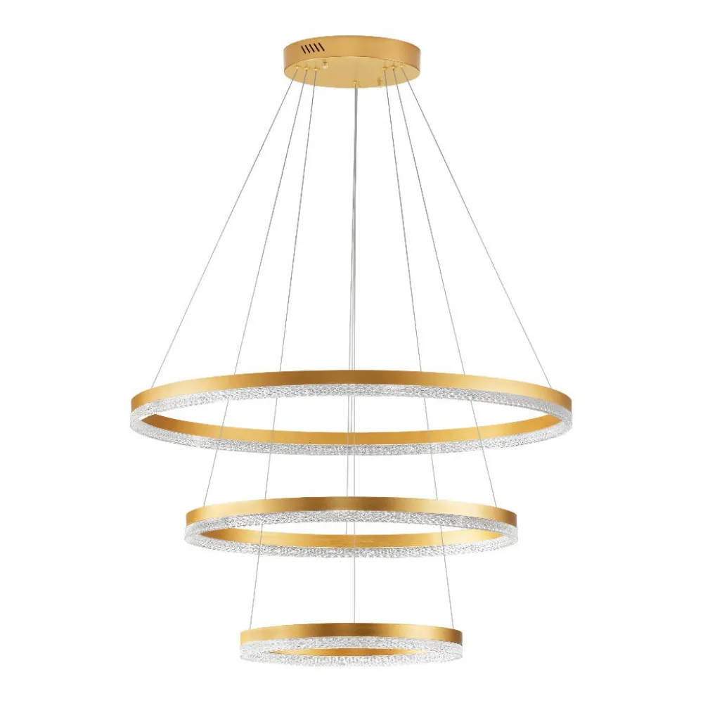 Lampadari Moderni-Selezionato da Mazzolaluce Grande lampadario contemporaneo oro spazzolato e cristalli 3 anneli led 3000k