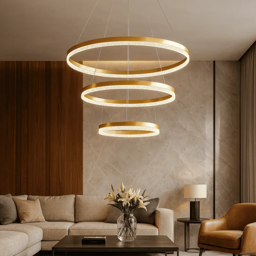 Lampadari Moderni-Selezionato da Mazzolaluce Grande lampadario contemporaneo oro spazzolato e cristalli 3 anneli led 3000k
