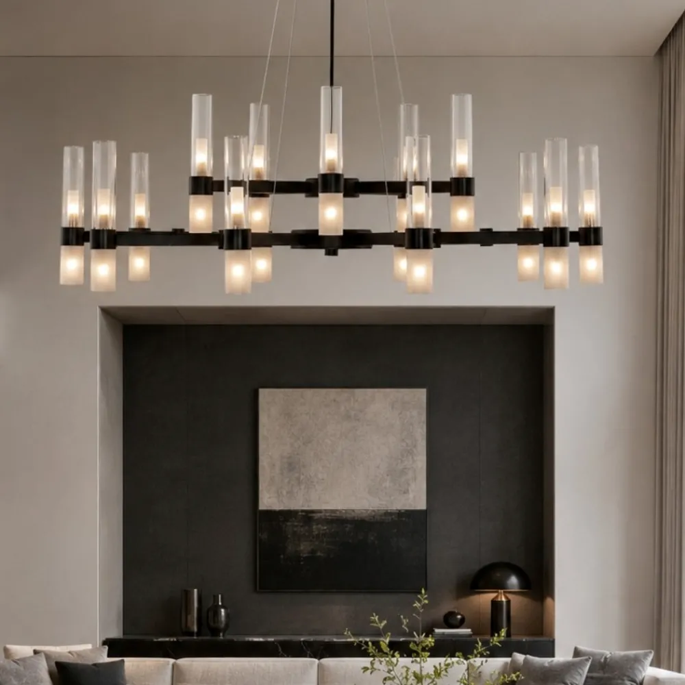 Lampadari Moderni-Selezionato da Mazzolaluce Grande lampadario dal design moderno nero con vetri tubolari per salone 30 luci