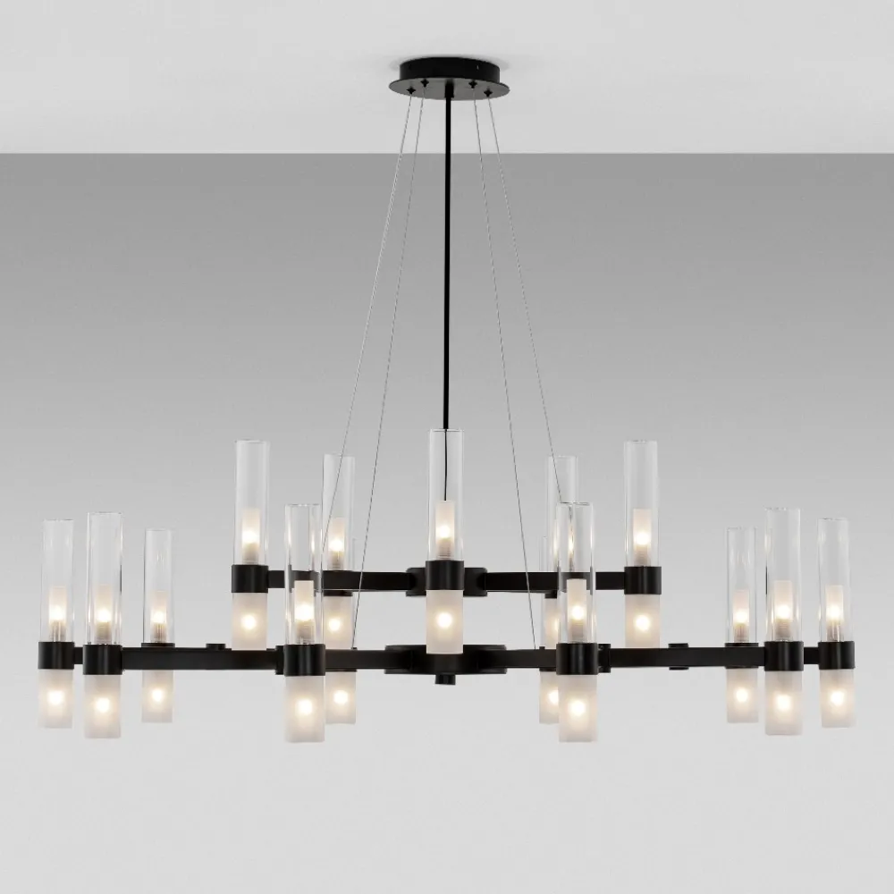 Lampadari Moderni-Selezionato da Mazzolaluce Grande lampadario dal design moderno nero con vetri tubolari per salone 30 luci