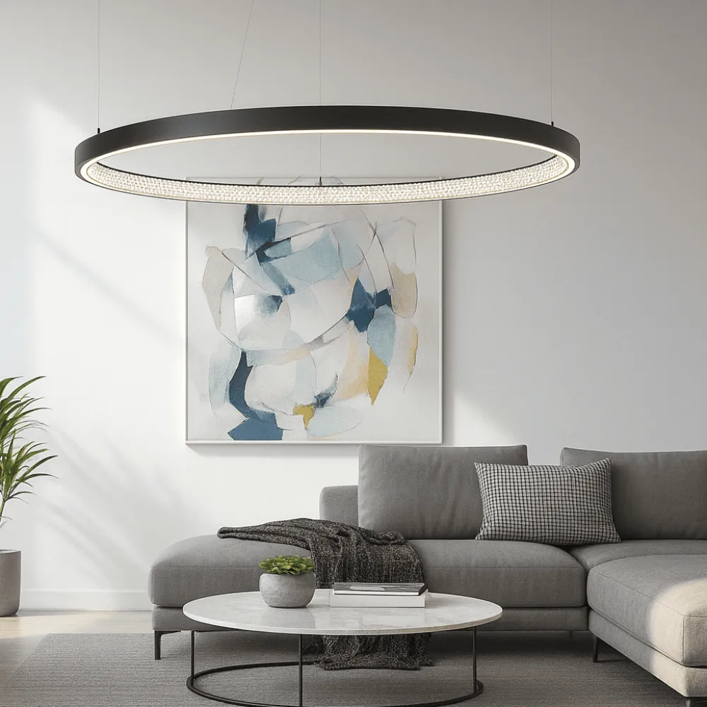 Lampadari Moderni-Selezionato da Mazzolaluce Grande lampadario nero ad anello con cristalli led 3000k 100cm