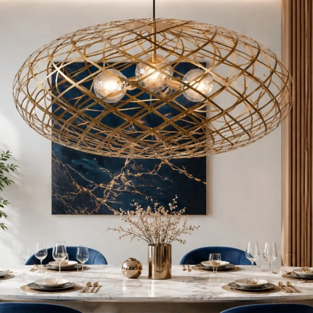 Lampadari Moderni-Selezionato da Mazzolaluce Grande lampadario per salone intreccio gabbia metallo oro 100 cm