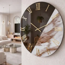 Orologi Da Parete Moderni-Selezionato da Mazzolaluce Grande orologio 80 cm rotondo specchiato bronzo effetto marmo marrone