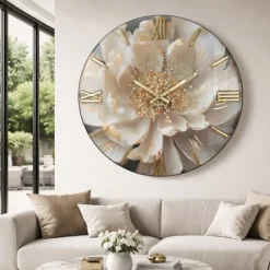 Orologi Da Parete Moderni-Selezionato da Mazzolaluce Grande orologio da parete 100cm fiore bianco resina oro cristalli