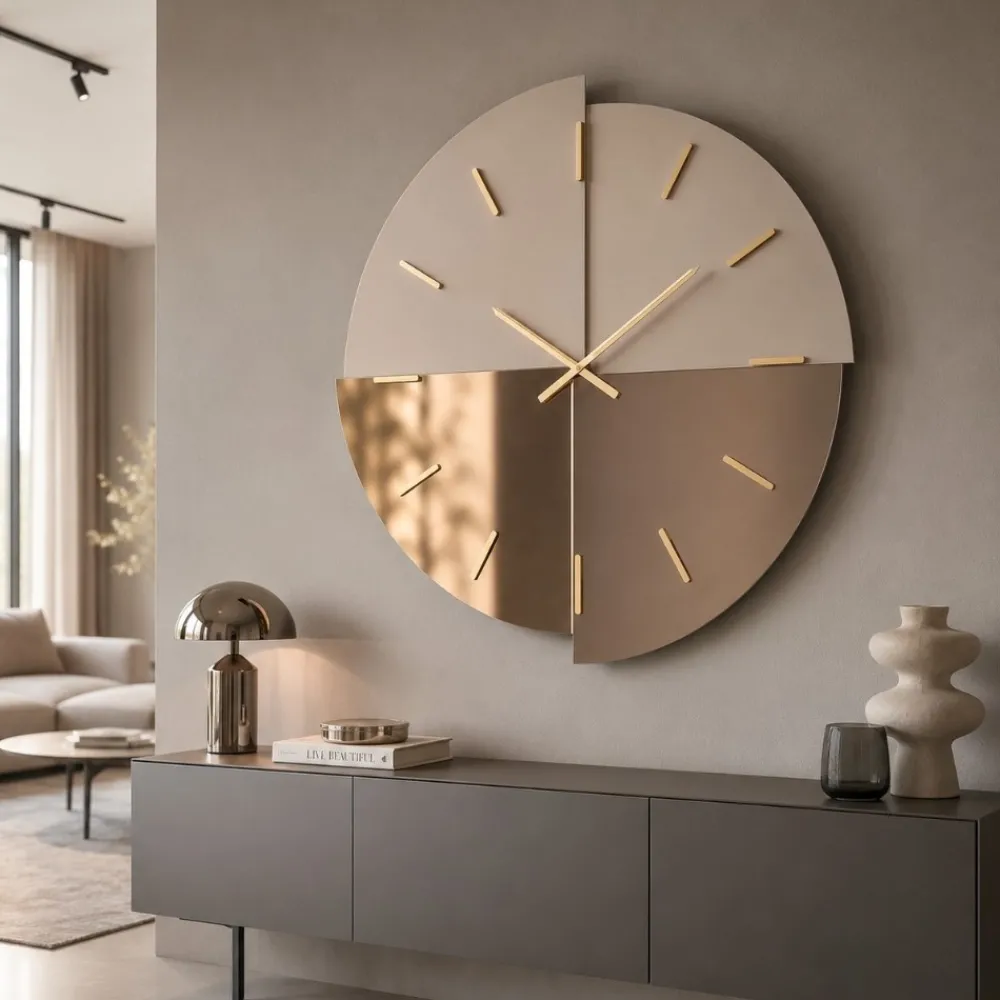Orologi Da Parete Moderni-Selezionato da Mazzolaluce Grande orologio da parete 100 cm tondo specchio bronzo e satinato legno nocciola moderno