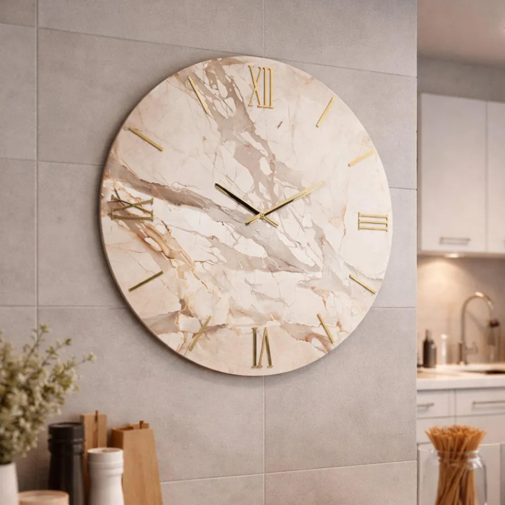 Orologi Da Parete Moderni-Selezionato da Mazzolaluce Grande orologio da parete effetto marmo dettagli oro rotondo 80cm