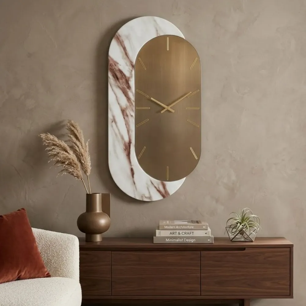Orologi Da Parete Moderni-Selezionato da Mazzolaluce Grande orologio da parete 48x95 ovale specchio bronzo resina effetto marmo