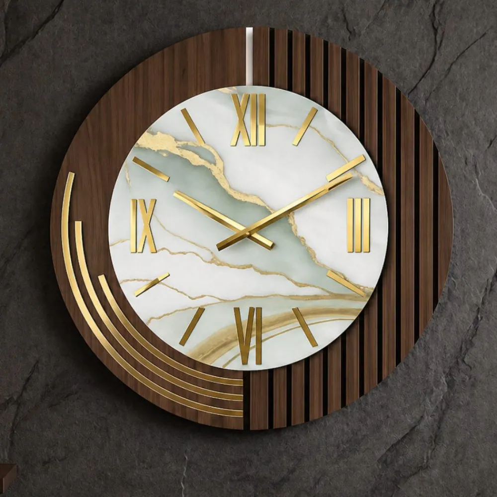 Orologi Da Parete Moderni-Selezionato da Mazzolaluce Grande orologio rotondo da muro effetto marmorizzato dettagli foglia oro 70cm