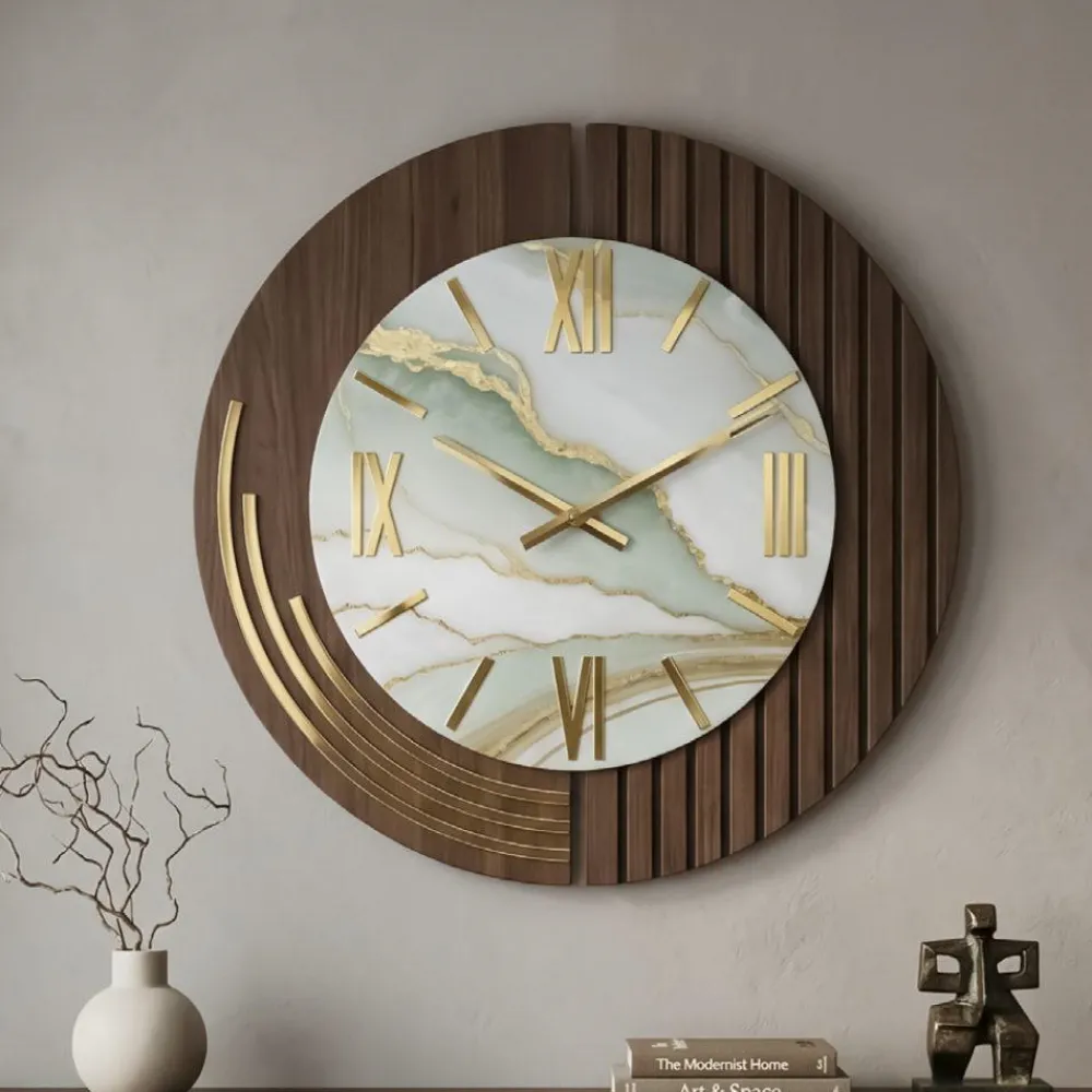 Orologi Da Parete Moderni-Selezionato da Mazzolaluce Grande orologio rotondo da muro effetto marmorizzato dettagli foglia oro 70cm