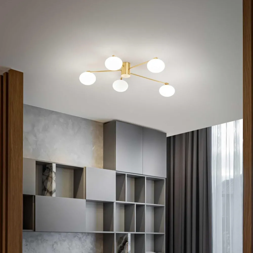 Plafoniere Moderne-Ideal Lux Hermes pl5 d90 plafoniera oro per camera da letto cinque luci sfere vetro bianco